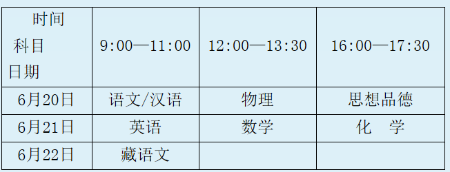 日喀则2018年中考时间:6月20日至22日