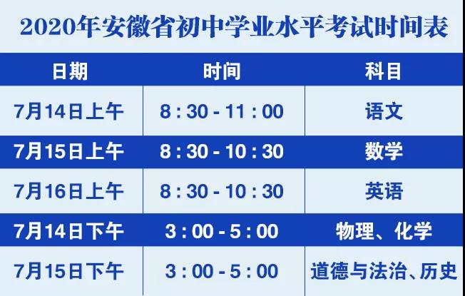 2020年合肥市中考时间安排及考点分布