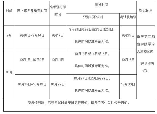2020年9月重庆普通话水平报名时间,考试时间