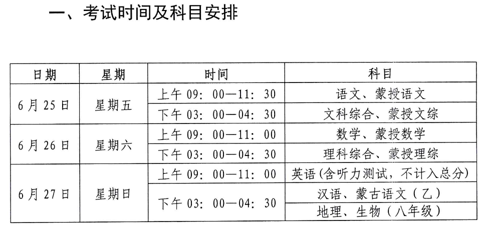 内蒙古乌兰察布中考时间2021具体时间:6月25日-27日