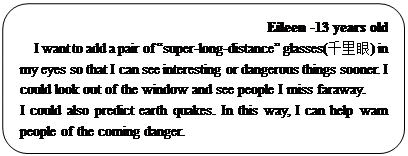 : 圆角: Eileen -13 years old
I want to add a pair of “super-long-distance” glasses(千里眼) in my eyes so that I can see interesting or dangerous things sooner. I could look out of the window and see people I miss faraway.
I could also predict earth quakes. In this way, I can help warn people of the coming danger.</P><P></P><P></P><P>