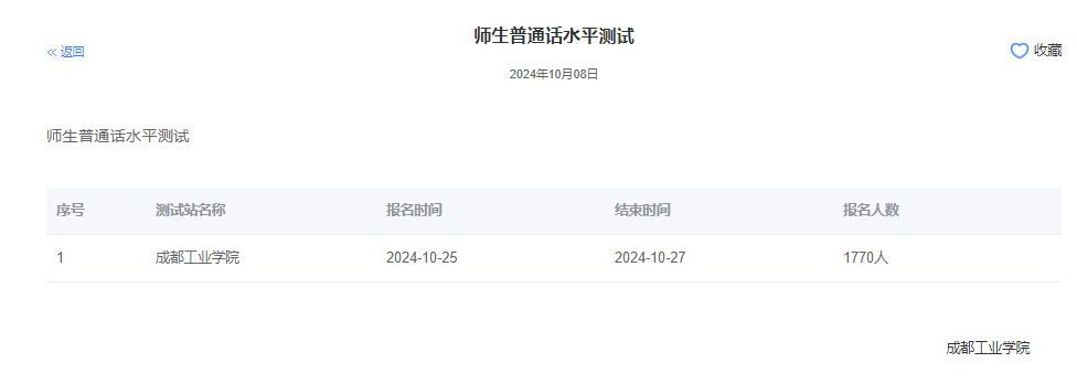 成都工业学院2024年普通话报名时间:2024年10月25日