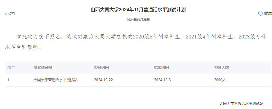 山西大同大学2024年普通话报名时间:2024年10月22日